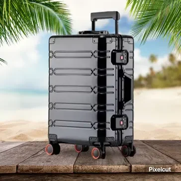 Aluminiumkoffer in Verschiedenen Farben, Größen Koffer.live Schwarze Koffer mit Rollen auf Holzoberfläche, im Hintergrund Palmen und Strand.